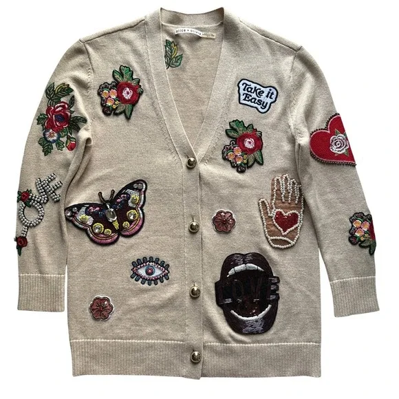 Alice + Olivia Bradford Embellished Grandpa Cardigan Butterfly Hamsa LOVE XS - Picture 4 of 16